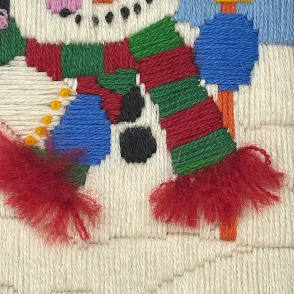 Vintage 1987 Handmade Snowman Crewel Embroidery Framed Christmas Art 8x10